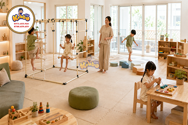 Hình ảnh tổng thể trẻ tham gia hoạt động phát triển kỹ năng trong không gian vui chơi an toàn.